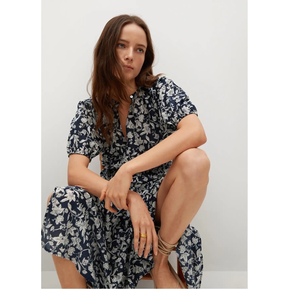 Mango Calabasa blue floral printed ruched dress